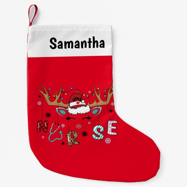 Personalized Funny Reindeer Nurse Small Christmas Stocking (Front)