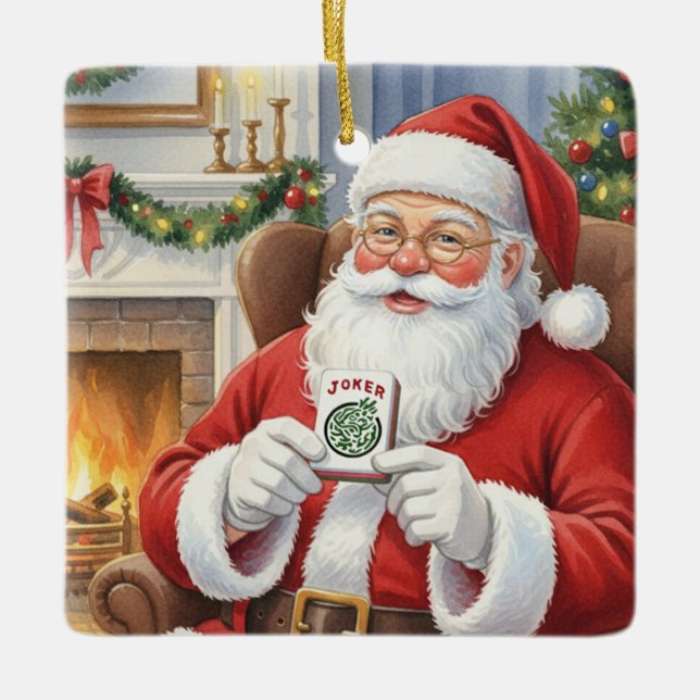 Personalized Funny Santa Bring Me a Joker Mahjong Ceramic Ornament (Front)