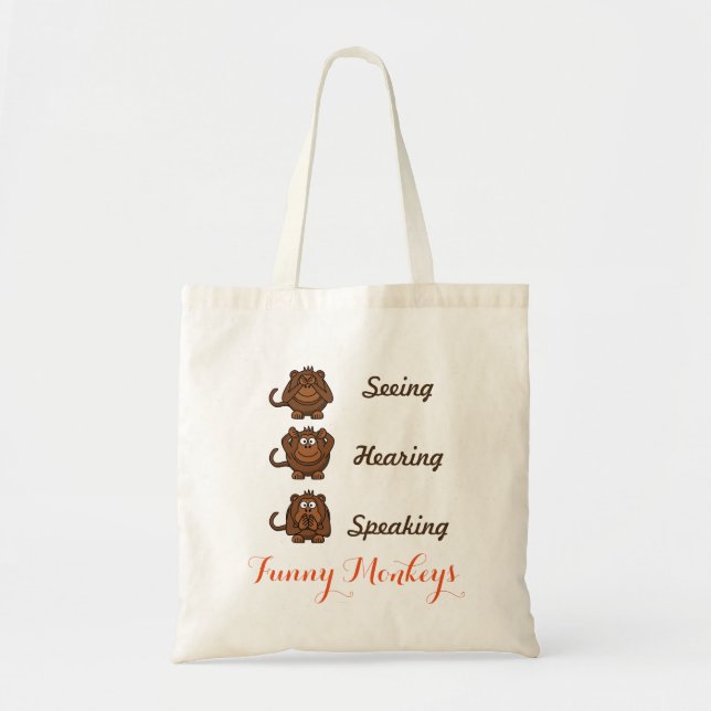 Personalized Funny Seeing Hearing Speaking Monkeys Tote Bag (Front)