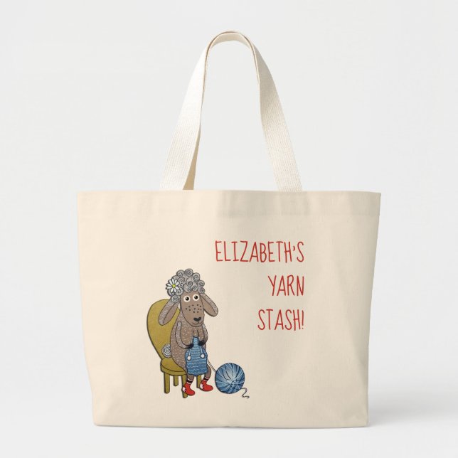 Personalized Funny Sheep Knitter with yarn Large Tote Bag (Front)