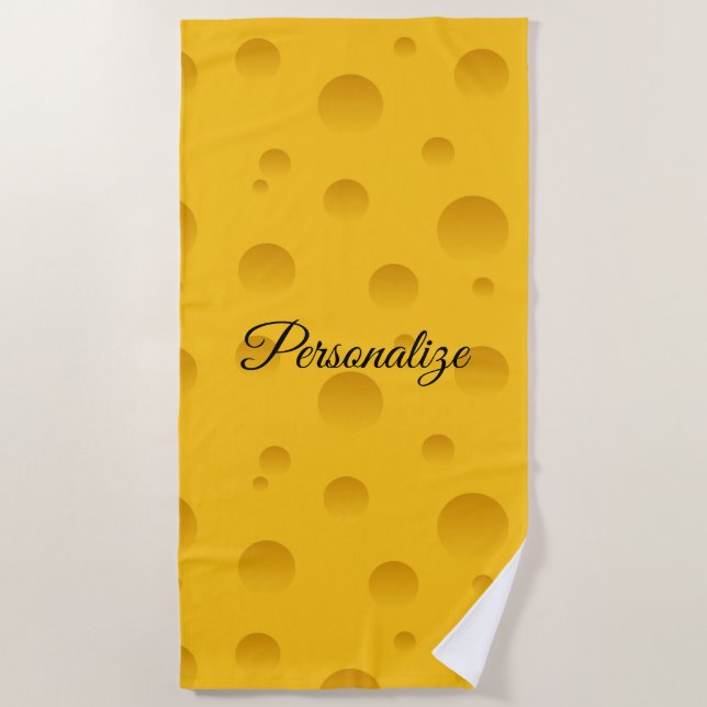 Personalized funny yellow swiss cheese print beach towel (Front)