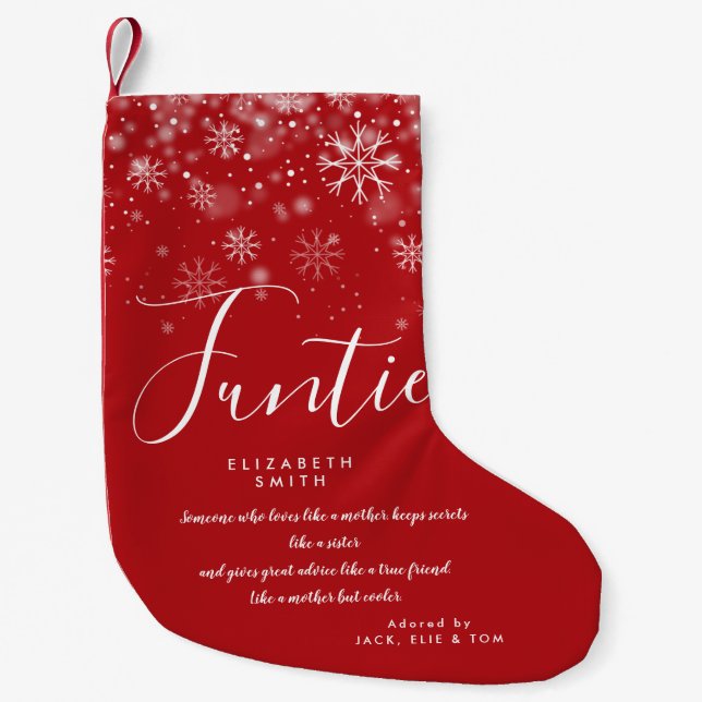 Personalized Funtie Auntie Quote Holiday Snow Small Christmas Stocking (Front)