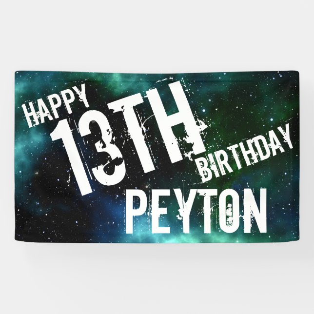 Personalized Galaxy Blue Green Birthday Party Banner (Horizontal)