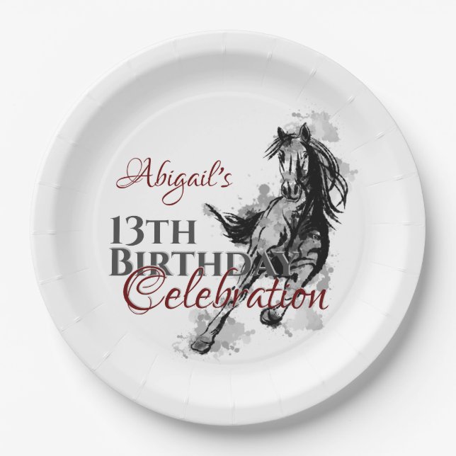 Personalized Galloping Horse Sketch Birthday Paper Plate (Front)