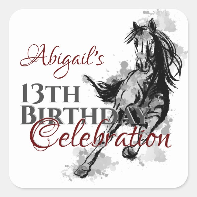 Personalized Galloping Horse Sketch Birthday Square Sticker (Front)