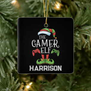 Personalized Gamer Elf Christmas Video Gaming Ceramic Ornament