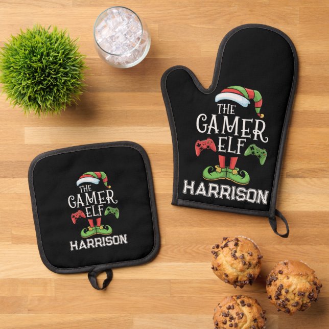 Personalized Gamer Elf Christmas Video Gaming  Oven Mitt & Pot Holder Set (Top Down)