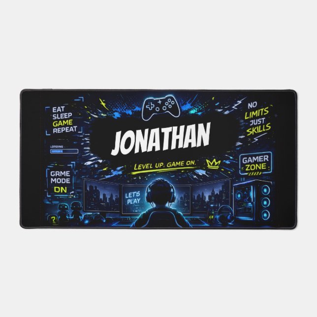 Personalized Gamer Neon Gaming Setup Desk Mat (Front)