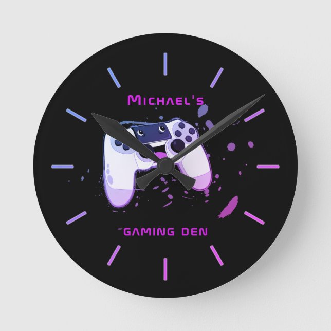 Personalized GAMING DEN Gamers Wall Clock Neon (Front)