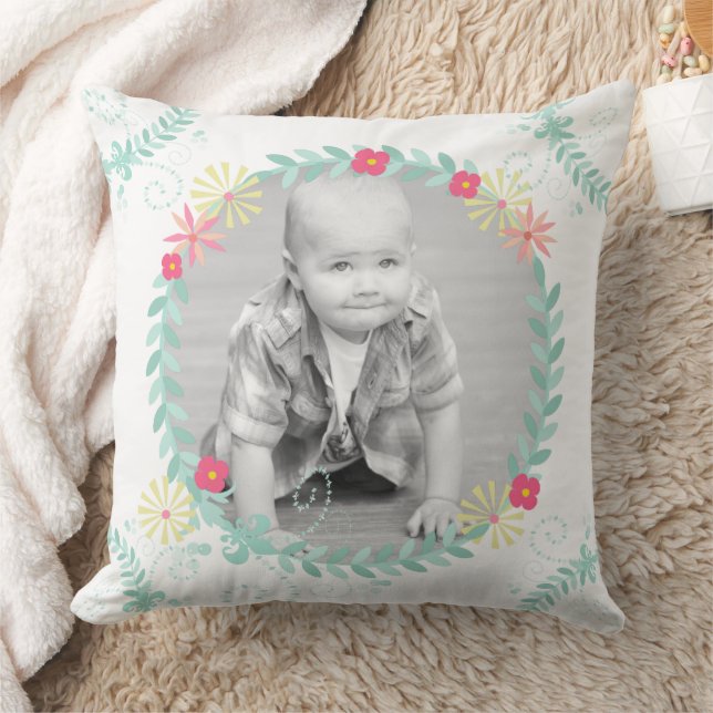 Personalized Garland Floral Baby Photo Throw Pillow (Blanket)