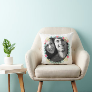 Personalized Garland Floral Wedding Photo Throw Pillow