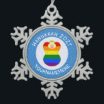 Personalized Gay Price Blonde Angel Hanukkah Flag Snowflake Pewter Christmas Ornament<br><div class="desc">Blonde haired angel wears the Gay Pride Rainbow Flag to celebrate Hanukkah on this item for holiday decor. The blonde Gay Pride Hanukkah Angel is inside the white, squiggly squares circle. The circle is surrounded by a background of blue squiggly squares. Personalize with a name and customize with the year....</div>