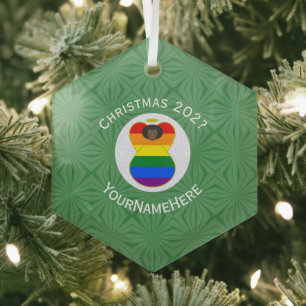 Personalized Gay Pride Black Angel Flag Christmas Glass Ornament