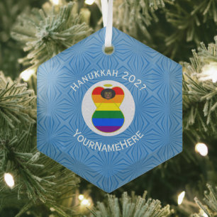 Personalized Gay Pride Black Angel Hanukkah Flag Glass Ornament