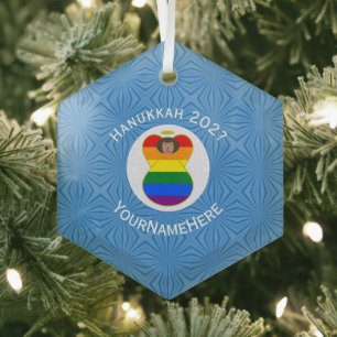 Personalized Gay Pride Brown Angel Hanukkah Flag Glass Ornament
