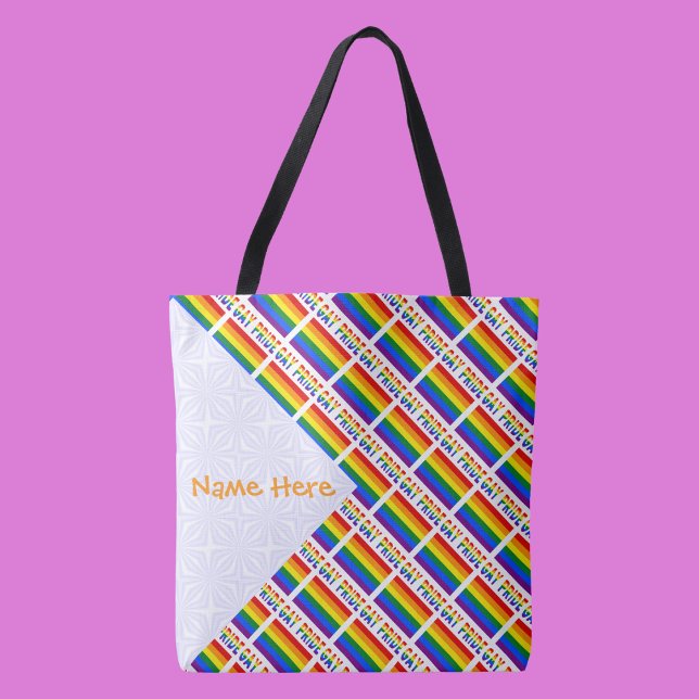 Personalized Gay Pride Rainbow Tiled Shoulder  Tote Bag (Tote bag has tiled Gay Pride Rainbow flag with words GAY PRIDE below. White space to add a name.)