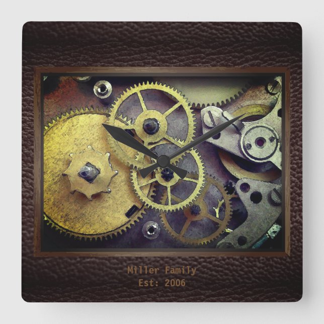 Personalized Gears with Leather Wall Clock (Front)