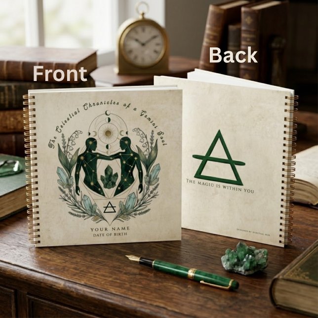 Personalized Gemini Emerald & Gold Zodiac Gift  Notebook (Gemini Zodiac NotebookGift:
Emerald twins silhouette,
Lily of the Valley
& "Magic is Within" mantra.)