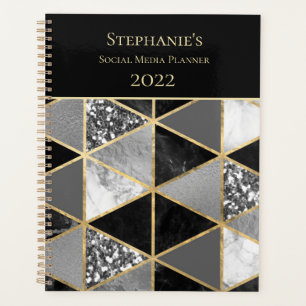 Personalized Geometric Black and White Marble Pla Planner