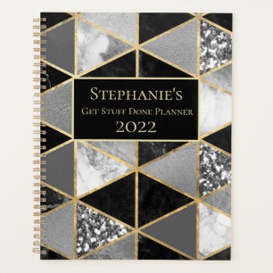 Personalized Geometric Black and White Marble Planner