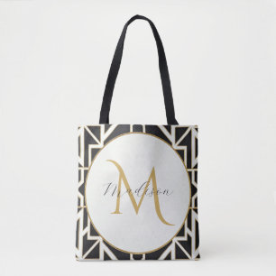 Personalized Geometric Black White Gold Monogram  Tote Bag