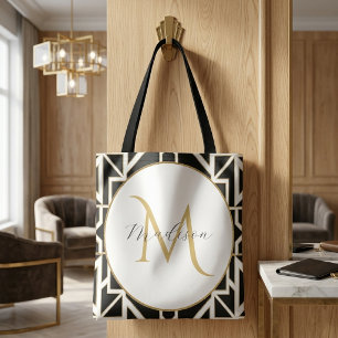 Personalized Geometric Black White Gold Monogram Tote Bag