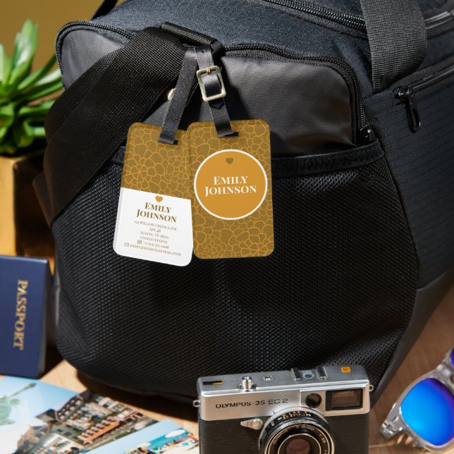 Personalized Geometric Pattern Brown and Gold Luggage Tag (Front & Back)