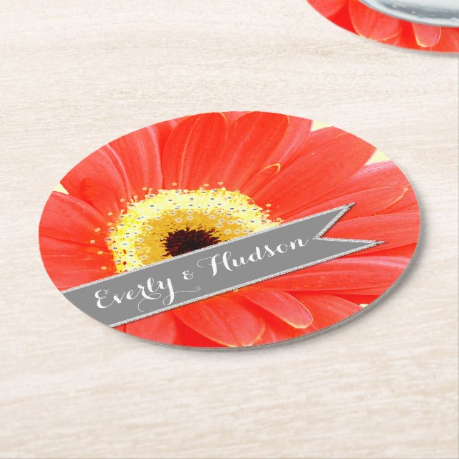 Personalized Gerber Coral Yellow Grey Floral Round Paper Coaster (Angled)