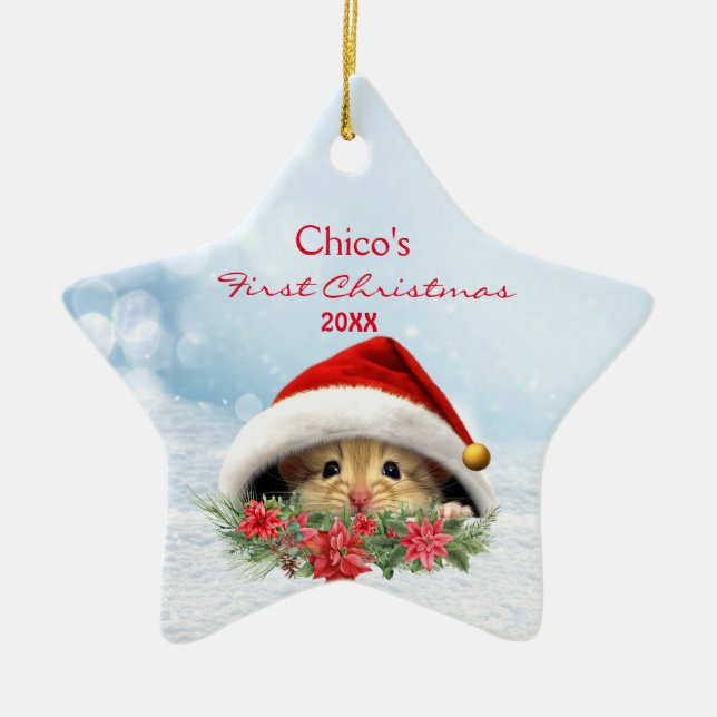 Personalized Gerbil Hamster in Santa Hat Christmas Ceramic Ornament (Front)