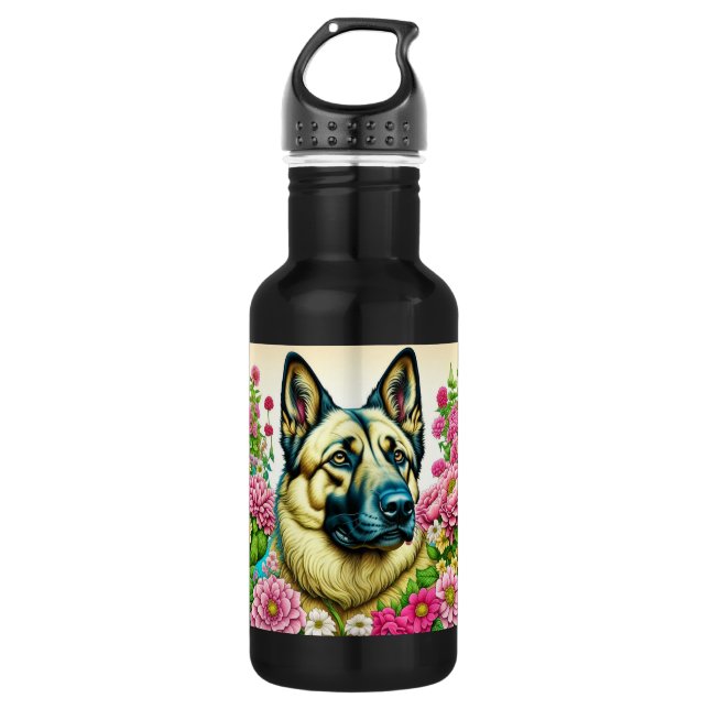 Personalized German Shepherd and Whimsical Flowers 532 Ml Water Bottle (Front)