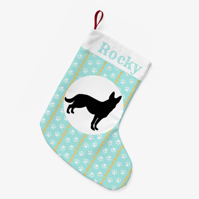 Personalized German Shepherd Aqua Paw And Bone Small Christmas Stocking (Front (Hanging))