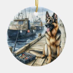 Personalized German Shepherd Dog-Fishing in Heaven Ceramic Ornament