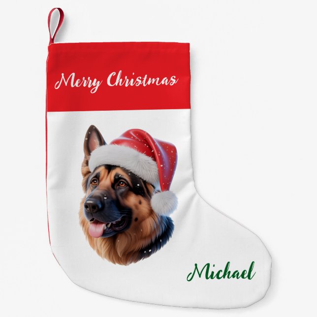 Personalized German Shepherd Dog in Santa Hat      Small Christmas Stocking (Front)
