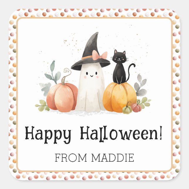 Personalized Ghost and Black Cat Halloween Square Sticker (Front)