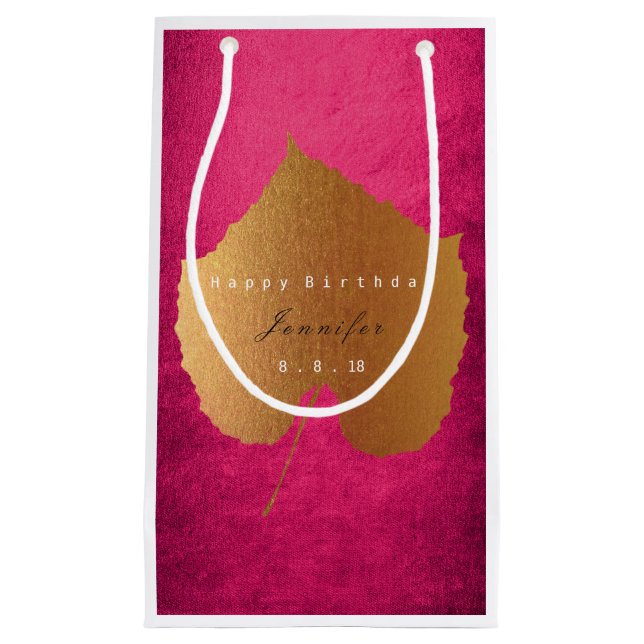 Personalized Gift Bag Fall Gold Leave Raspberry (Front)