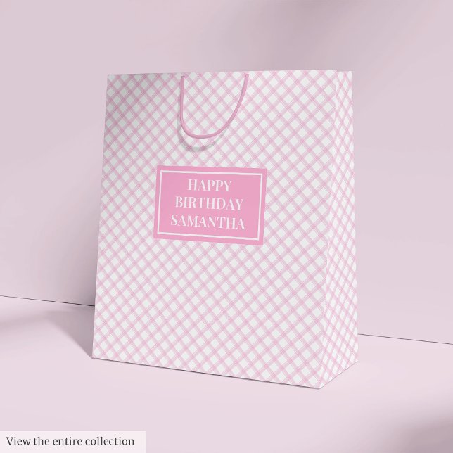 Personalized Gift Bag Pink Plaid Birthday Accent (Personalized Gift Bag Pink Plaid Birthday Accent)