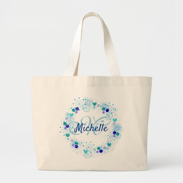 Personalized Gift Blue Name Monogram Unique Large Tote Bag (Front)