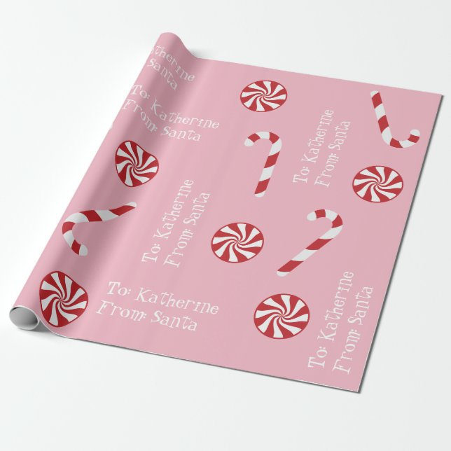 Personalized Gift From Santa Christmas Candy Pink Wrapping Paper (Unrolled)