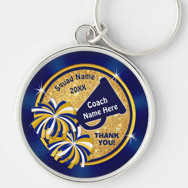 Personalized Gifts for a Cheer COACH, Blue, Gold Keychain (Front)