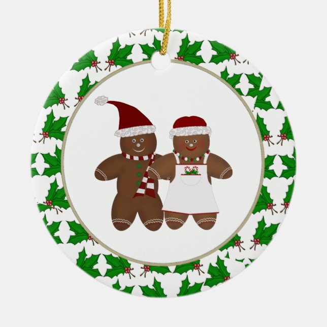 Personalized Gingerbead Couple with Holly Ornament (Front)