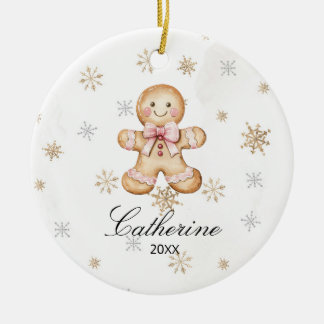 Personalized Gingerbread Cookie Winter Snowflake Ceramic Ornament