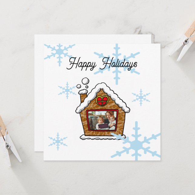 Personalized Gingerbread House Snowflakes Holidays Card (Front/Back In Situ)