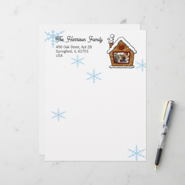 Personalized Gingerbread House Snowflakes Holidays Letterhead (Front/Back In Situ)