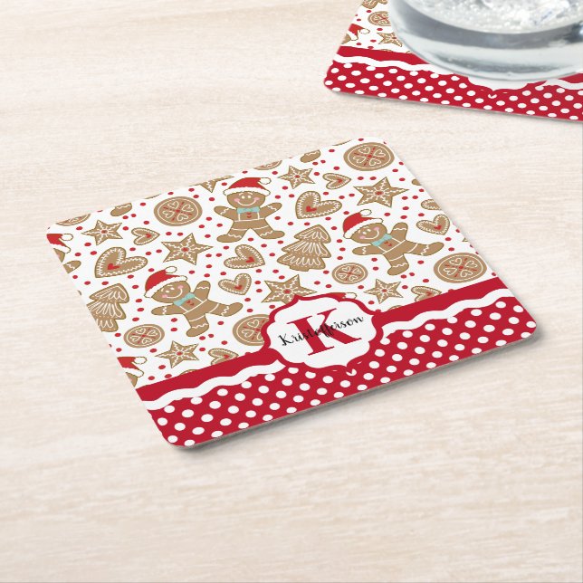 Personalized Gingerbread Man Christmas Square Paper Coaster (Angled)