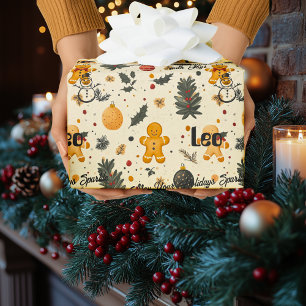 Personalized Gingerbread & Snowman Christmas Patte Wrapping Paper
