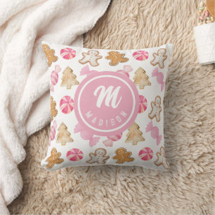 Personalized Gingerbread & Sugarplum Pink Pattern Throw Pillow