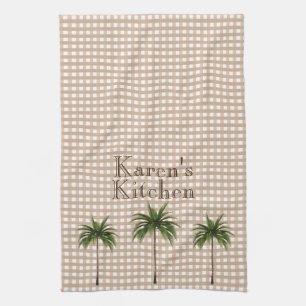 Personalized Gingham Check   Green Palm Trees Kitchen Towel