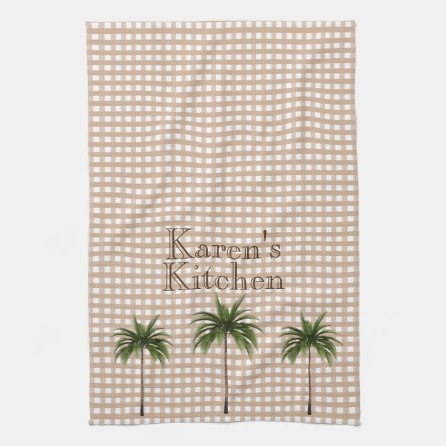 Personalized Gingham Check | Green Palm Trees Kitchen Towel (Vertical)
