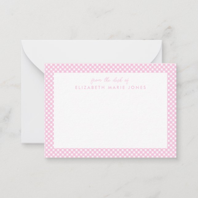 Personalized Gingham Children's Blush Pink Plaid Card (Front)