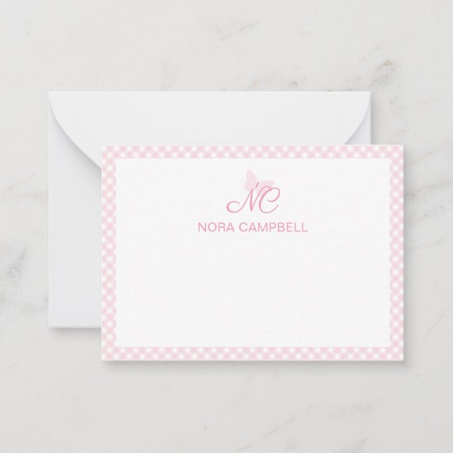 Personalized Gingham Girly Baby Pink Monogram Card (Front)